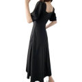 Women Korean Hepburn Style Square Neck Puff Sleeve Temperament Thin A e Skirt Long Dress Black White Red. 