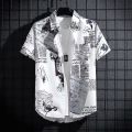 Bonnieleon Men's Retro Short Sleeve Shirt Summer Newspaper Print Loose T Shirt Hawaiian Beach Casual Lapel Tops. 