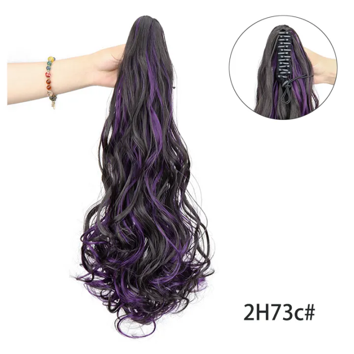 18%20Inch%20Long%20Curly%20Wig%20with%20Deep%20Purple%20Red%20Sky%20Blue%20Ponytail%20and%20Large%20Claw%20Clip%20Synthetic%20Fake%20Ponytail%20Extension%20-%20Image%202