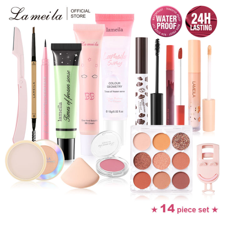 Lameila 14 PCS Makeup Set BB Cream Eye Shadow Lip Stick Mascara Eyeliner Eyebrow Trimmer Brush Isolation Pre makeup lotion Set up powder Eyelash curler