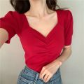 Korean Style V-neck Knitted Crop Top Women summer Casual Short Sleeve girls Blouse tee tops. 