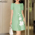 ZANZEA Korean Style Womens Ladylike Wedding Satin Fabric Knee Length Dress Elegant Flore Print Dresses. 