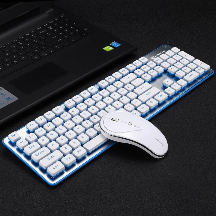 Waterproof Wireless New 2.4G Mute Rechargeable Ergonomic Gaming Keyboard + Mouse Set - Silver Blue matte