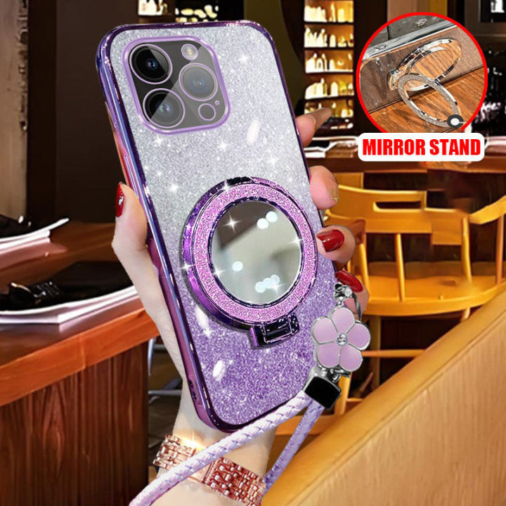 For Infinix Smart 9 8 8 Pro 8 Plus 8 HD Case with Braided Lanyard + Makeup Mirror Stand Luxury Shiny Plating Glitter Girls Phone Cases