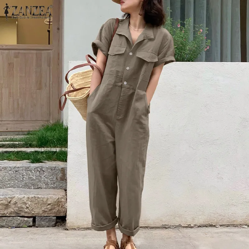 ZANZEA Korean Style Women Short Sleeve Wide Leg Jumpsuits Overalls