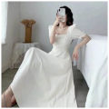 Women Korean Hepburn Style Square Neck Puff Sleeve Temperament Thin A e Skirt Long Dress Black White Red. 