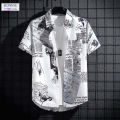 Bonnieleon Men's Retro Short Sleeve Shirt Summer Newspaper Print Loose T Shirt Hawaiian Beach Casual Lapel Tops. 