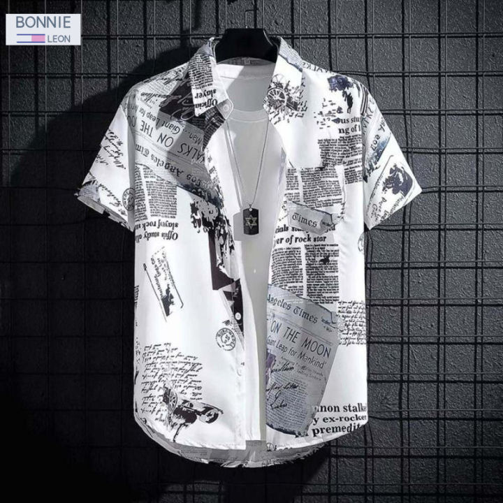 Bonnieleon Men's Retro Short Sleeve Shirt Summer Newspaper Print Loose T Shirt Hawaiian Beach Casual Lapel Tops
