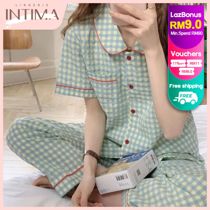 INTIMA Shorts/Long Pants Green Pamas for Women Korean Ins Style Sleepwear Lapel Casual Button Plaid Homewear Pama Set Ladies 2-pieces Loose and Comfortable