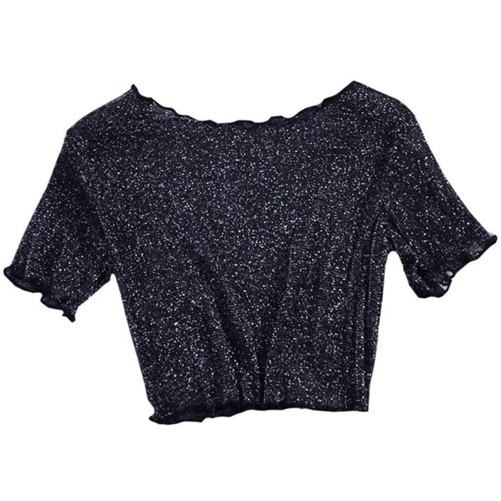 shemi%20O-Neck%20Short%20Sleeve%20Sheer%20Trim%20Crop%20Top%20Women%20See-through%20Glitter%20Mesh%20Tee%20Shirt%20Streetwear%20Trendy%20Women%20T-shirt%20-%20Image%202