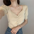 Korean Style V-neck Knitted Crop Top Women summer Casual Short Sleeve girls Blouse tee tops. 