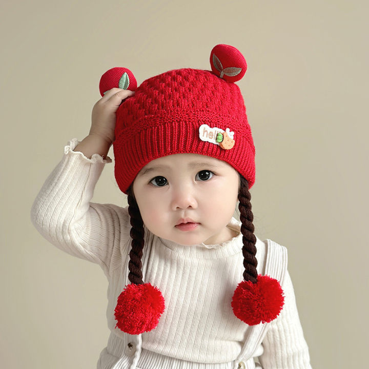 Cute Braid Baby Ear Protection Cap 6-24M Kids Winter Warm Knitted Woolen Hat Cartoon Toddler Beanie Children Girl Crochet Bonnet