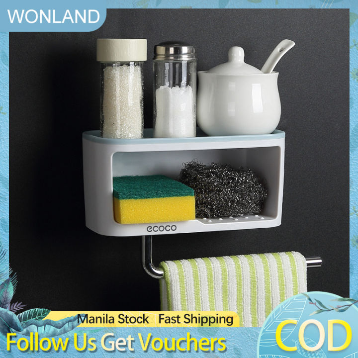 【FUN LIVE】 Ecoco Multifunctional Bathroom Soap Holder Wall-Mounted Shower Rack Storage Organizer With Towel Hanger Bathroom Dispensers