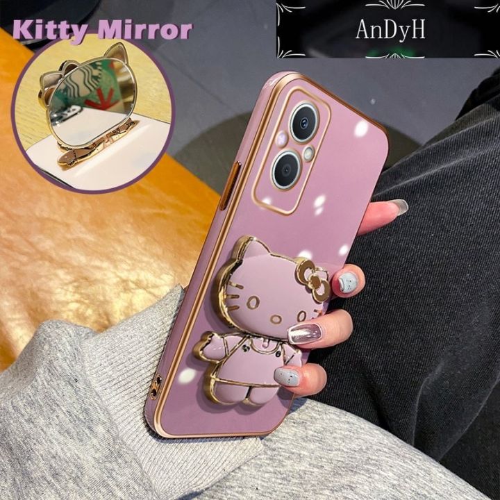 AnDyH Casing For OPPO Reno 7z 5G A96 Reno7 Lite F21 Pro 5G Reno 8 Lite Reno 8Z Case Cartoon Fashion Hello Kitty Plating Reversible Mirror Folding Stand Phone Case Shockproof Phone Casing Full Lens Cover Camera protective Softcase