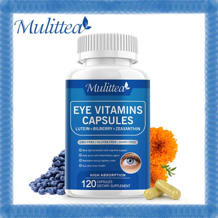 Mulittea Eye Vitamins with Lutein, Zeaxanthin, Bilberry Supports Eye Strain, Vision Health Dryness Provides Eye Health and Vision Support