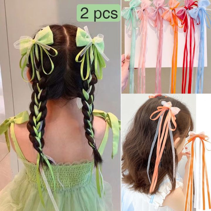 Bow ribbon tassel girl 2 piece hair clip set with bow decoration