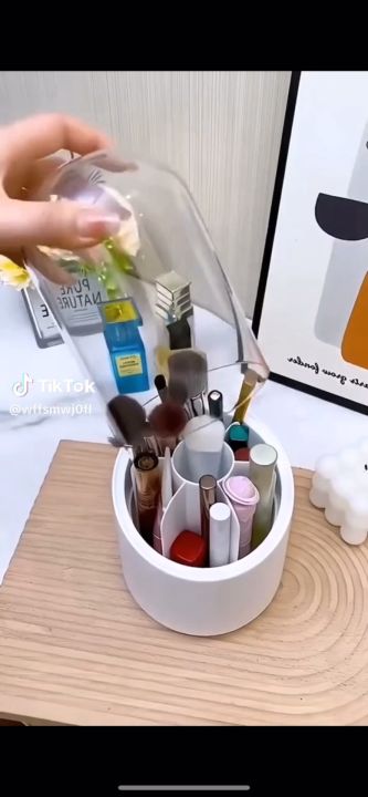 Rotating Makeup Brush Storage Box Cosmetic Organizer Eyebrow Pen Holder Brush Display Stand Storage Bucket with Waterproof Lid
