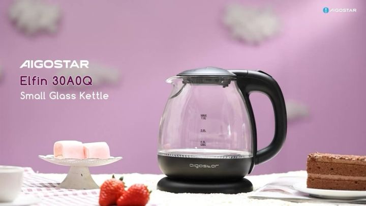 Aigostar Small Electric Kettle, 1.0L Black Glass Kettle Cordless, Compact Mini Clear Water Tea Kettle Fast Quiet Boil for Kitchen Bedroom Office, 2200W - Elfin 30A0Q