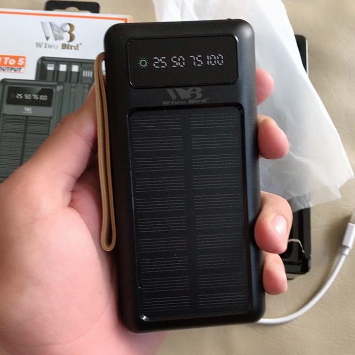 Super Fast 20,000mAh Solar Power Bank with Samsung Type-C & iPhone Cable, 2 USB Ports, Type-C Input, and 2 LED Lights