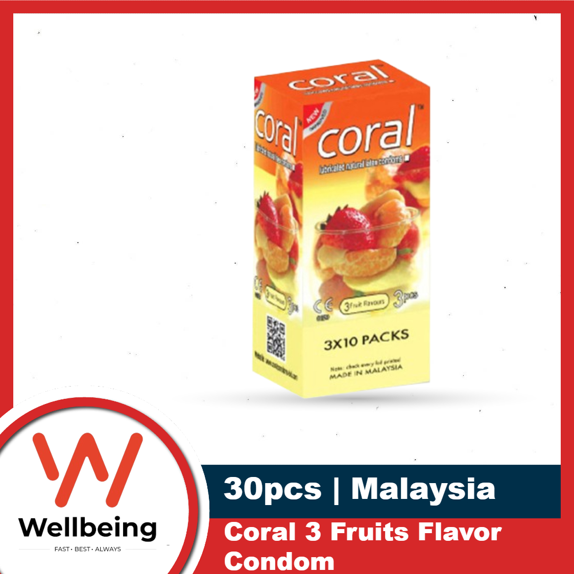 Coral Condom for Men 3 Fruits Flavors Lubricated Natural Latex | Full Box 3x10=30pcs | Malaysia