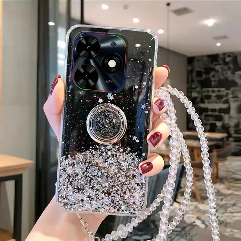 For itel A50 case Shiny Ring Glitter Soft Transparent Holder Stand Back  Cover with ring Stars Moon Girls For itel A50 Back cover Phone Cases