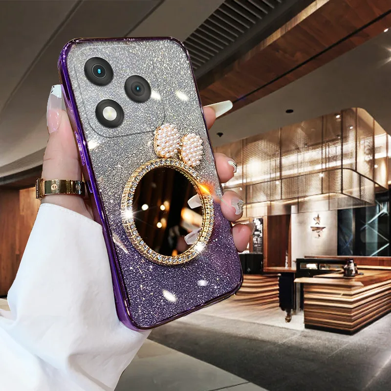 YUEQIAN Glitter Case For Honor 200 Lite 5G, Very Thin Glitter Sparkling Mirror Cosmetic/Stand Women Case, Transparent Shiny Bling Shockproof Case Purple