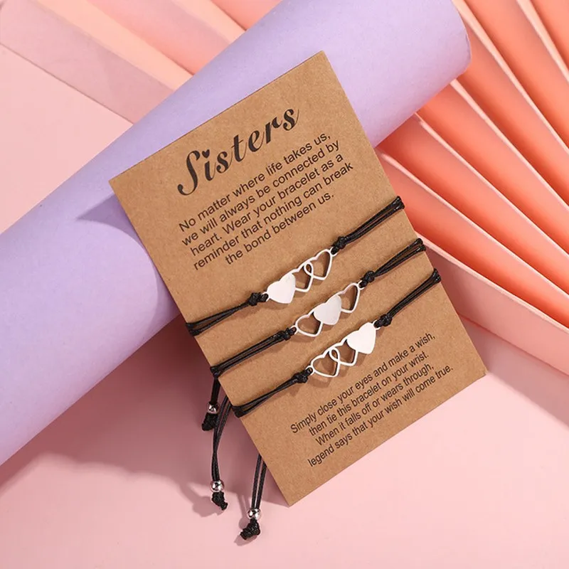 3Pcs Matching Heart Sister Card Bracelet Stainless Steel Handmade
