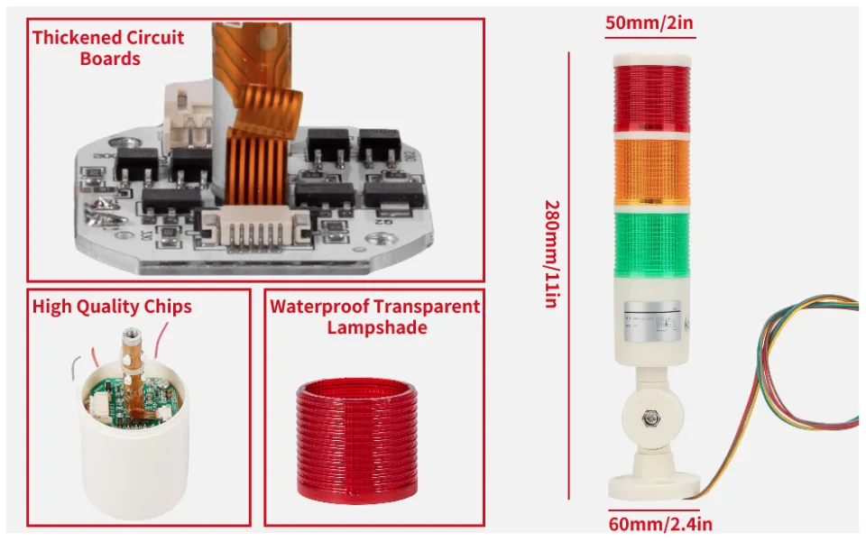 Industrial LED Warning Beacon, Red/Orange/Green, CNC Machine Indicator Buzzer Alarm Tower, 24VDC Industrial LED Warning Beacon Red/Orange/Green - View #9