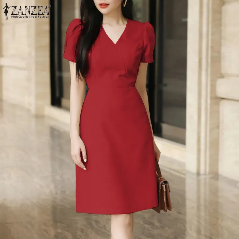 ZANZEA Korean Style Womens Elegant Party Puff Sleeve V-Neck Sundress Plain  Mini Dresses Red Dress | Daraz.lk