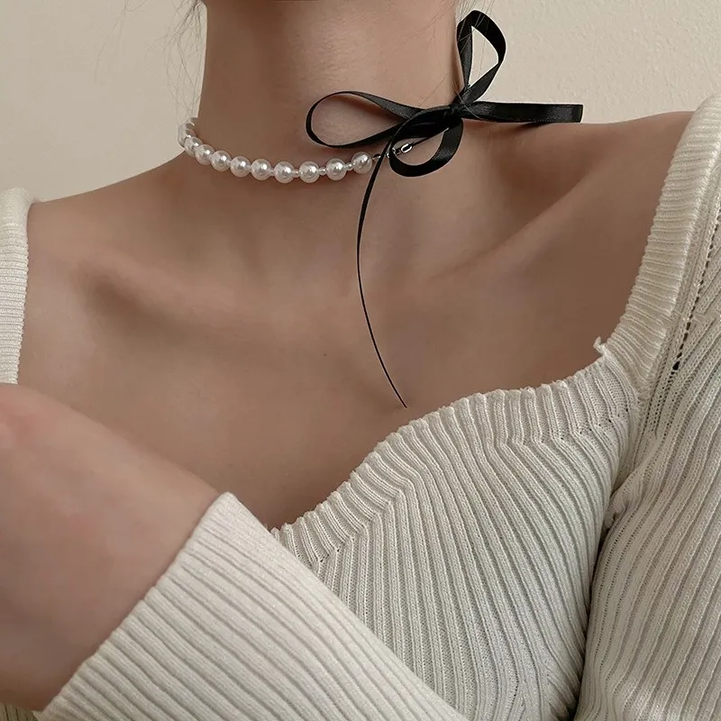 Wide Black Velvet Ribbon Bow Tie Choker -Elegant Simulated Pearl