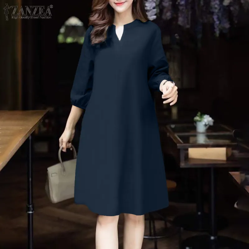 ZANZEA Korean Style Women Office 3/4 Sleeve A-Line Sundress V-Neck Solid  Knee Length OL Work Dresses | Daraz.lk