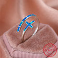 Classic Cross Blue Fire Opal Opening Rings For Women Real 925 Sterling Silver Wedding Band Jewelry. 