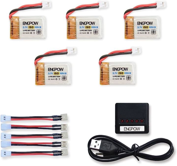 ENGPOW 3.7v 150mAh Lipo Battery with X5 Charger Conversion Cables for ELF Mini Drone Eachine E010 JJRC H36 GoolRC T36 NIHUI NH010 Mini Furibee f36 Realacc H36 RC Quadcopter (5pcs)