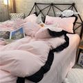 3pcs Pink Duvet Cover Set (1*Duvet Cover + 2*Pillowcase, Without Core), Lace embroidery Bedding Set.