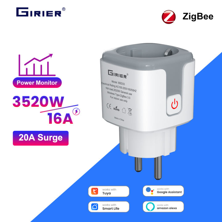 GIRIER Tuya Smart ZigBee Power Plug 16A with Engery Metering 3520W Supports APP Remote Timing Function Works Alexa  Home