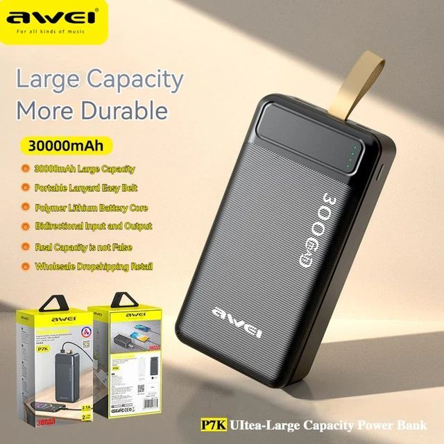 Awei P7K Power Bank 30000mAh USB C Charging Powerbank Portable Battery Power Supply Fast Charger