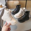 Spring Autumn Girls Ankle Boots Fashion School Kids Leather Boots Thick Bottom Non-slip Children's Platform Causal Boots Black.