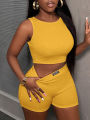 Trendy  Turmeric Ribbed Two-Piece Set Women's Crop Top and Shorts Sporty Casual Set Streetwear Nightclub Outfit. 