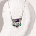 Stainless Steel Half Round Green Oval Zircon Tassel Pendant Necklace For Women Daily Wear Fashion Neck Chain Waterproof Jewelry.