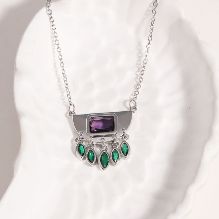 Stainless%20Steel%20Half%20Round%20Green%20Oval%20Zircon%20Tassel%20Pendant%20Necklace%20For%20Women%20Daily%20Wear%20Fashion%20Neck%20Chain%20Waterproof%20Jewelry%20-%20Image%203