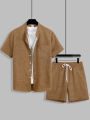 Summer Men's Cotton Linen Texture Stand Collar Short Sleeve Shirt & Shorts Casual Set, Loose Breathable Two-Piece Outfit.