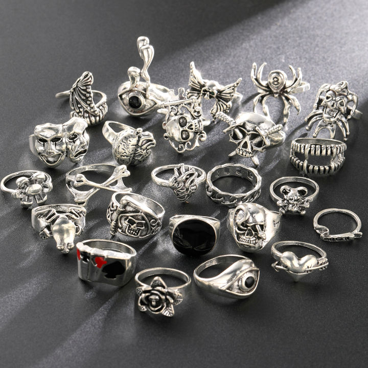 24 Pcs Gothic Skeleton Unisex Ring Set Punk Grunge Butterfly Frog Woman Man Jewelry Hip Hop Party Street Ring Accessories