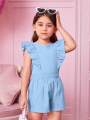 Girl's Casual Solid Color Flying Sleeve Top And Shorts Set. 