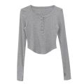 Womens Long Sleeve T Shirts Button V Neck Solid Color Ladies Slim Fit Fashion T-Shirt Women's Casual Basic Cropped Tops.