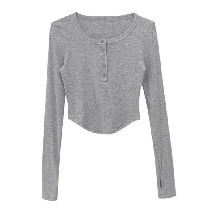 Womens Long Sleeve T Shirts Button V Neck Solid Color Ladies Slim Fit Fashion T-Shirt Women's Casual Basic Cropped Tops