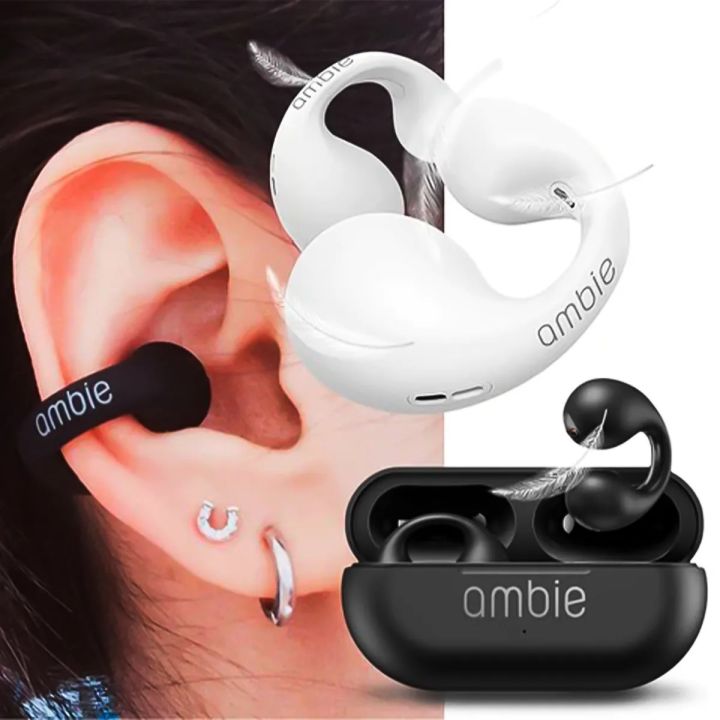 ambie Sound Earcuffs - Open Ear Earbuds Bluetooth Wireless Ear Clip Headphones with Built-in CVC 8.0 Compatible Microphone | 6 hr Play Clip-on Ear Cuff Headset