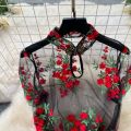 Woman Embroidery Floral Mesh Fashion Dress Chinese Style Short Sleeve Split Hollow Out Cheongsam New Gauze Sheer Dress.
