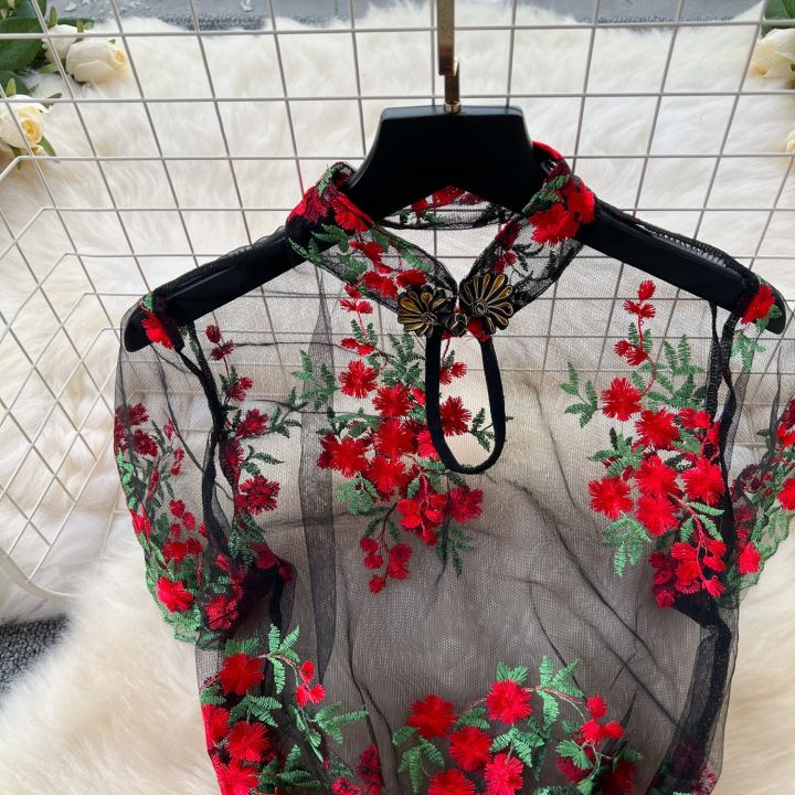 Woman%20Embroidery%20Floral%20Mesh%20Fashion%20%20Dress%20Chinese%20Style%20Short%20Sleeve%20Split%20Hollow%20Out%20Cheongsam%20New%20Gauze%20Sheer%20Dress%20-%20Image%204