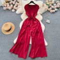 Summer Vintgae Women Wide Leg Jumpsuit Female Elegant V-Nevck Sleeveless High Waist Slim Casual Bandage Romper New Fashion. 