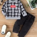 Boys' Trendy Checkered Sweatshirt + Vintage Washed Jeans Two-Piece Set. 